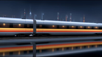 Poster - High speed train moving fast night with modern city skyline and reflections water showcasing dynamic urban transportation scene