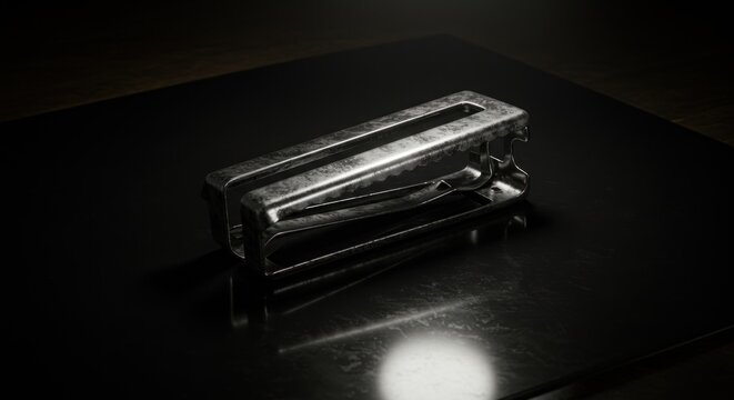 Metallic clip on a dark surface, rendered in moody lighting adds a modern touch