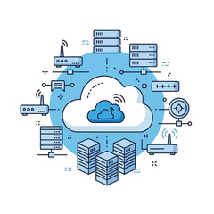 Poster - Depicts a cloud computing network, showcasing servers, routers, and data storage connected for modern digital infrastructure.