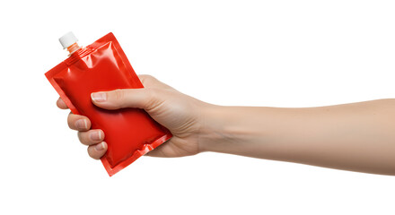 Hand Holding Red Sauce Pouch Package in Isolated White Background