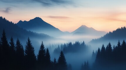 Naklejka na meble Serene Mountain Landscape: An awe-inspiring vista unfolds, where majestic mountains pierce the tranquil morning sky. The forest is filled with morning mist and atmospheric perspective.