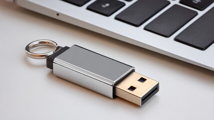 Poster - A USB flash drive rests next to a laptop keyboard, showcasing its metallic design and keyring attachment for portability.
