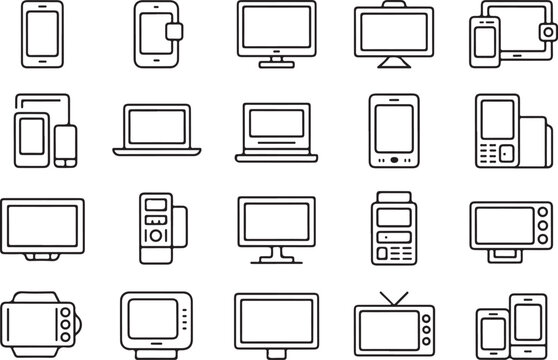 Vector illustration of various electronic devices and gadgets in modern black and white outline
