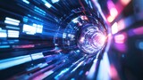 Digital Tunnel of Light: An impressive display of modern digital artistry, showcasing a vivid light tunnel of glowing streaks, creating a sense of speed and technological wonder.
