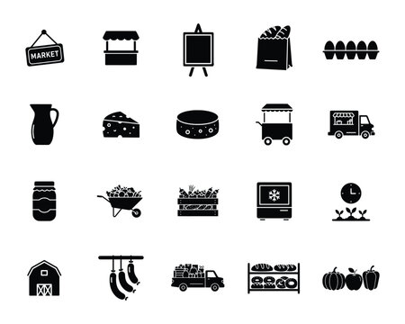 Farming & Farmer's Market Icons Fresh Produce, Harvest, and Distribution.
