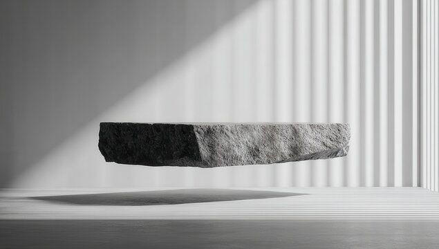 Floating gray stone slab in a minimalist setting