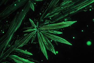 Poster - Vibrant green crystalline structures observed under a microscope showcase intricate patterns and textures in detail