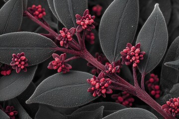 Poster - Vivid close-up of red flowering plants with dark green leaves against a black background