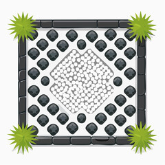 Poster - An overhead vector illustration of a square garden design featuring a central diamond pattern surrounded by dark stone elements and decorative greenery.