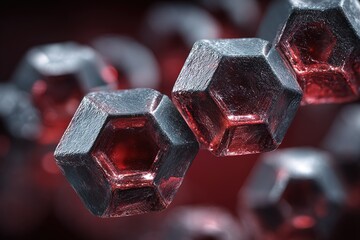 Poster - Hexagonal crystalline structures reflecting light with a red background in a close-up view showcasing intricate patterns