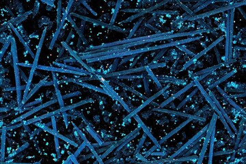 Poster - Blue crystalline structures spread across a dark background in a close-up view showcasing intricate details and patterns