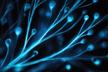 Fototapete - Close-up view of glowing blue fibers capturing light in a dark environment, representing the beauty of microscopic structures