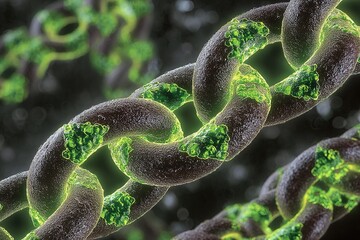 Poster - Close-up view of a molecular chain with vibrant green structures highlighting unique biological features
