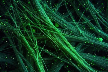 Poster - Microscopic view of green fibers and particles displaying intricate patterns in a dark background
