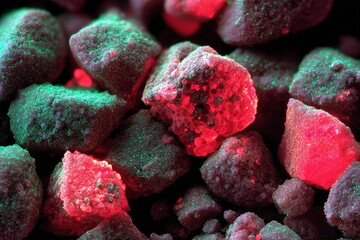 Poster - Vibrant microscopic view of colorful crystals illuminated in red and green hues under magnification