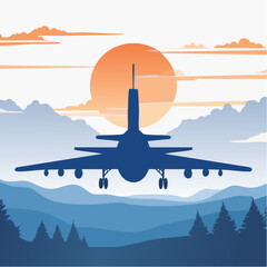 Poster - Silhouette illustration of a large airplane descending with landing gear down, over a layered landscape of mountains and trees at sunset with an orange sun