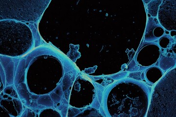 Poster - Microbial life captured under ultraviolet light reveals intricate structures and patterns in a dark environment