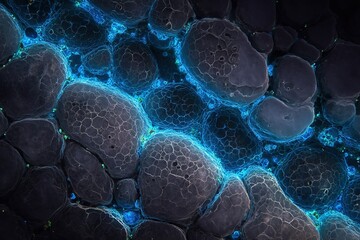 Poster - Microscopic view reveals intricate patterns of cellular structures with glowing blue highlights