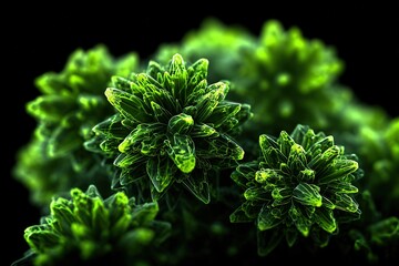 Poster - Close-up view of vibrant green plant leaves illuminated against a dark background showcasing intricate textures and details