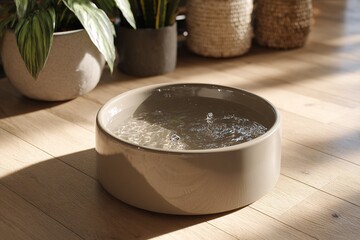 Poster - Decorative water bowl on wooden floor surrounded by plants in a cozy indoor setting with sunlight streaming in