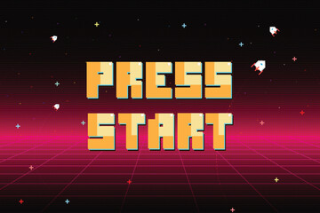 Poster - PRESS START. pixel art. 8 bit game. retro game. for game assets .Retro Futurism Sci-Fi Background. glowing neon grid. and stars from vintage arcade computer games