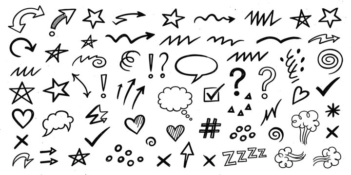 Line movement comic element, cartoon emotion mark effect decoration icon. Hand drawn cute doodle line element arrow, heart, speech bubble. Anime movement, express shape. 