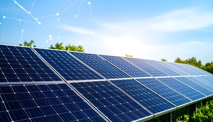 Solar panels array under a partly cloudy sky with connecting lines