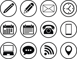 Poster - Collection of modern black and white circle icons representing communication and planning