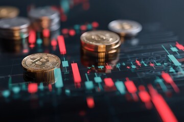 Poster - Advanced crypto trading environment featuring coins and candlestick charts in a digital world.