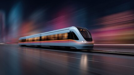 Fototapete - Futuristic Dynamic Train Journey Through Neon Cityscape Digital Art Urban Environment Aerial View Conceptual Visualization