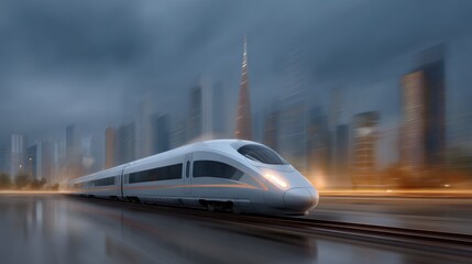 Poster - Futuristic High-Speed Train Journey Urban Cityscape Digital Data Visualization Nighttime Dynamic Perspective