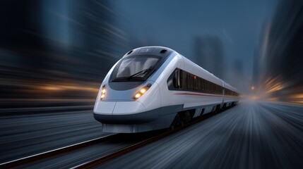 Poster - Futuristic Data Train Racing Through Digital Landscape Urban Setting Motion Blur Technology Concept