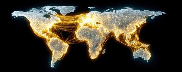 Poster - A glowing world map highlighting global connectivity with bright yellow lines representing data, communication, and travel routes between continents.