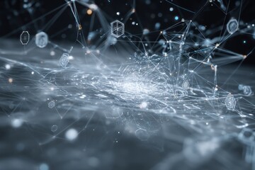 Poster - Digital world backdrop featuring neural networks and AI technology within a framework of encrypted data.