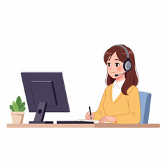 Fototapete - Friendly customer service representative wearing headset at desk with computer and plant