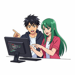Poster - Young adults collaborate on computer coding project enthusiastically