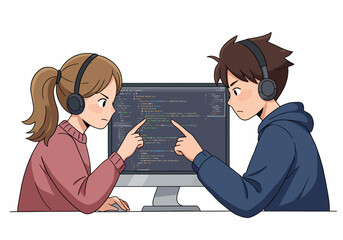 Poster - Two diverse young people learning to code together focused on computer screen with programming language