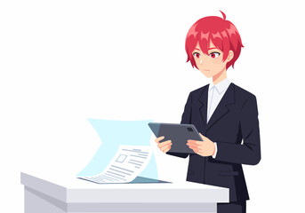 Poster - Young anime businessman in dark suit holding tablet at desk reviewing document