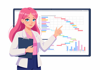 Poster - Businesswoman presenting project timeline Gantt chart on a screen