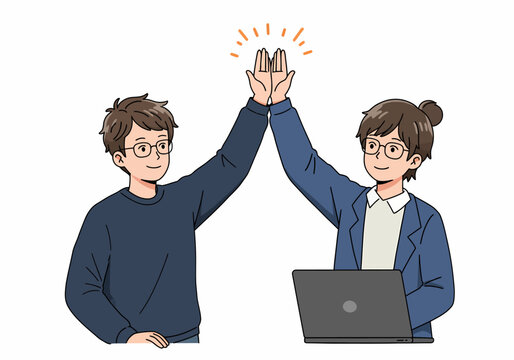 Two Diverse Colleagues Celebrating Success with High Five Over Laptop Computer