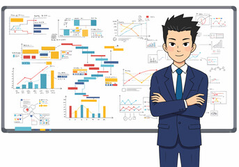 Poster - Business man standing confidently in front of a whiteboard with business charts and graphs