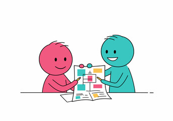 Poster - Two diverse people collaborating on a business plan and strategy on a whiteboard