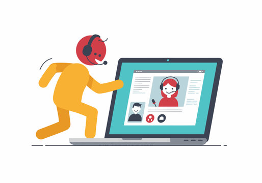 Orange stick figure with headset running towards laptop displaying video call conversation with customer service representative