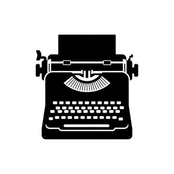Black and white illustration of a vintage typewriter with paper inserted, viewed from the front.