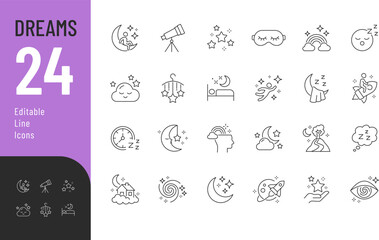Dreams Editable Icons set. Vector illustration in modern thin line style of sleeping related icons: moon, stars, fantasy, and more. Isolated on transparent background.