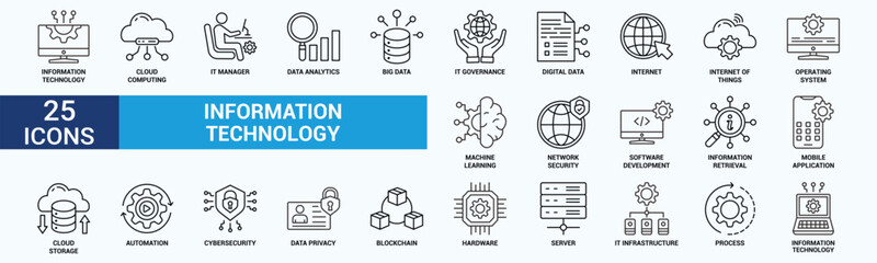 Information Technology icon set. Containing cloud computing, IT manager, big data, data analytics, internet, network security and more. Outline vector icons collection.
