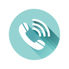 Poster - White Telephone Handset Icon with Sound Waves in Turquoise Circle for Call Center Communication Support