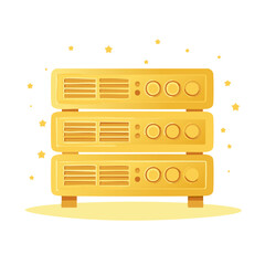 Poster - Cartoon illustration of yellow network servers, computer data storage facility and server room with small star decoration