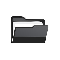 Poster - Open dark folder with white documents inside. Data storage icon, organization symbol, document container, digital information.