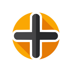 Poster - Geometric plus sign with rounded edges within a vibrant orange circle design element, symbolizing growth, addition, and positivity